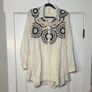 Free People Size Medium Cream and Black Embroidered Tunic Dress